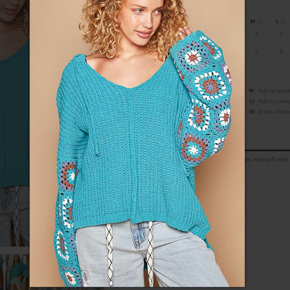 Turquoise Crochet-Sleeve V-Neck Women’s Sweater